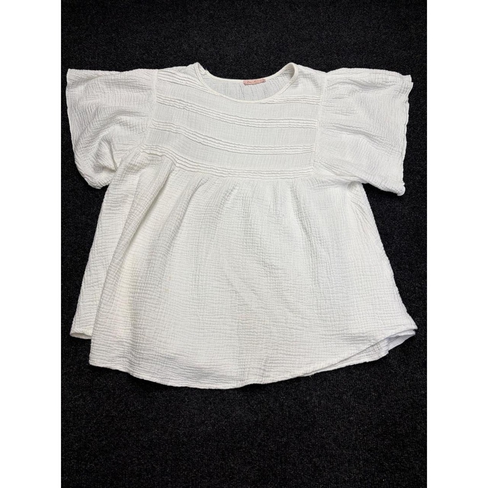 Ces Femme White Gauze Babydoll Top Short Sleeve Pintuck Pleated Blouse Small - Picture 1 of 3